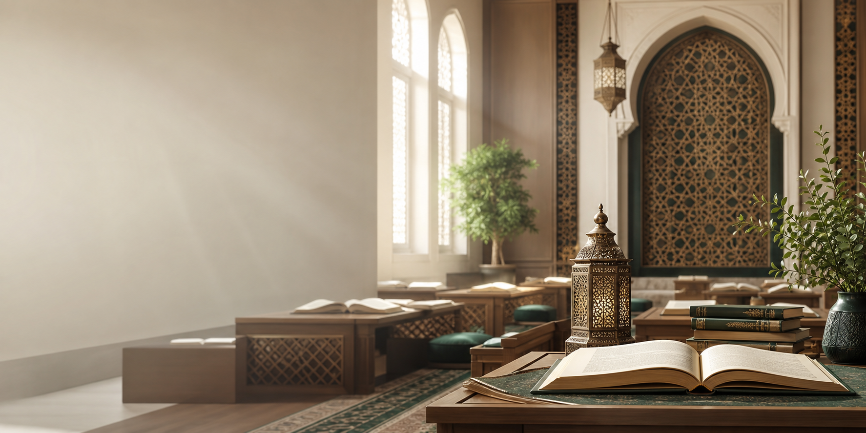 A warm study hall with books and Islamic geometric architecture
